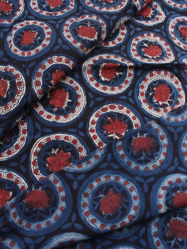 Red-lotus,-indigo-dabu-printed-cotton-kurta-fabrics at Shilphaat.com