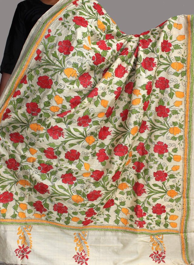 Red-yellow-roses-kanthawork-tussar-silk-dupatta