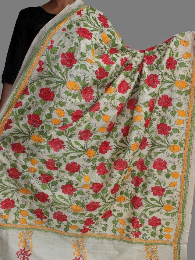 Red-yellow-roses-kanthawork-tussar-silk-dupatta-Shilphaat