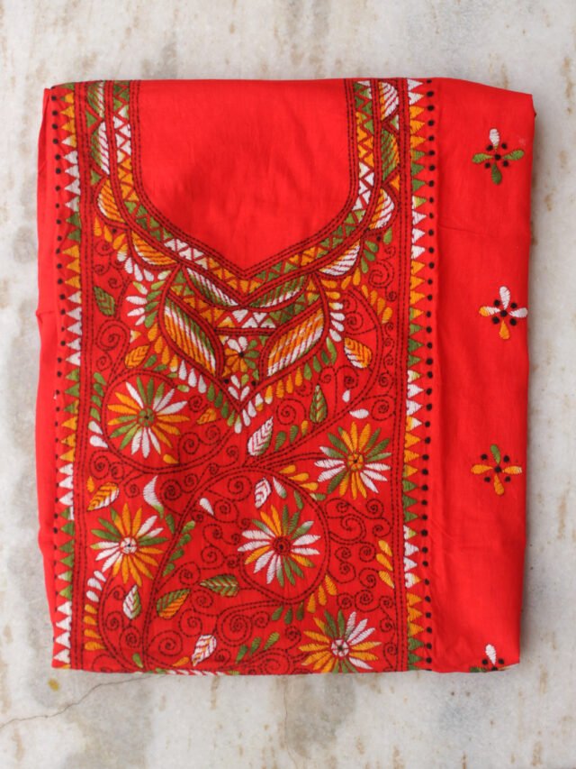 Reddish-orange-kanthawork-cotton-ladies-kurta