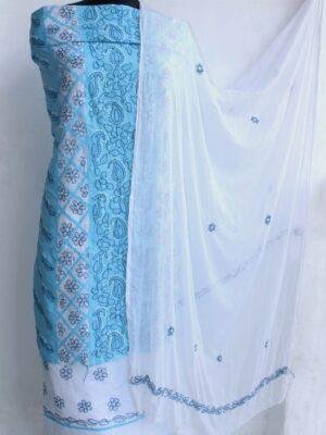 Sky-blue-and-white-cotton-chikankari-suit-material at Shilphaat.com