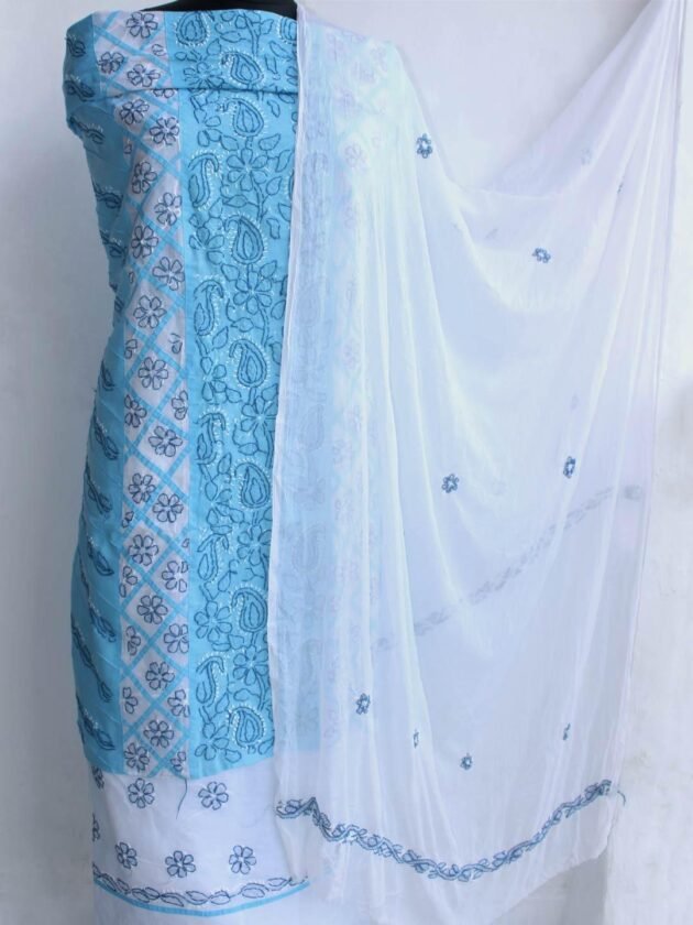 Sky-blue-and-white-cotton-chikankari-suit-material at Shilphaat.com