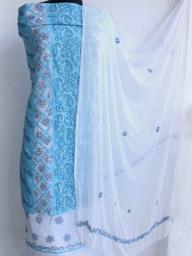 Sky-blue-and-white-cotton-chikankari-suit-material at Shilphaat.com