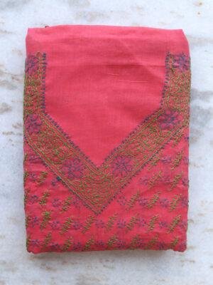 Tomato-Red-Chikankari-embroidered-Cotton-dress-material at Shilphaat