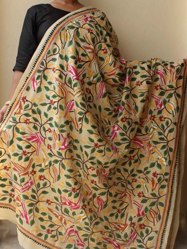Tussar-silk-Birds-nakshi-kantha-dupatta