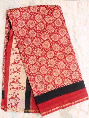 Warli-palla-red-and-beige-block-printed-Chanderi silk-cotton-sari
