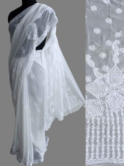 White georgette chikankari embroidery saree