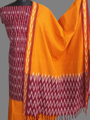 Wine-red-and-mustard-yellow-ikat-cotton-dress-material