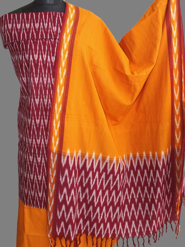 Wine-red-and-mustard-yellow-ikat-cotton-dress-material