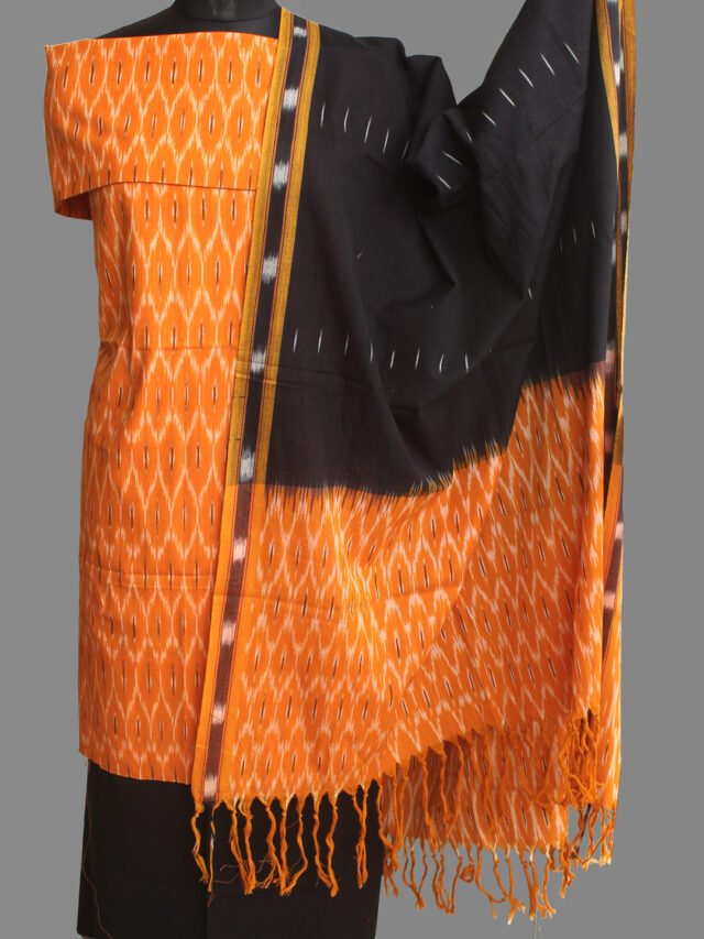 Yellow-and-black-pochampally-ikat-cotton-dress-material