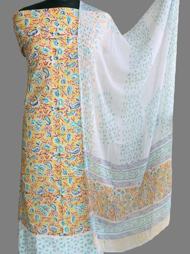Yellow-and-green-sanganeri-block-printed-white-cotton-dress-material
