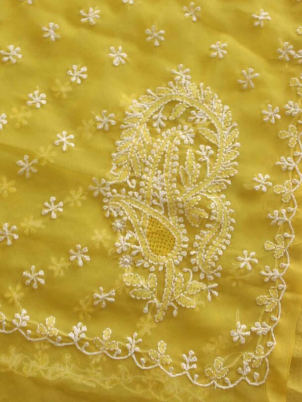 Yellow-and-white-Chikankari-embroidered-jorjet-sari