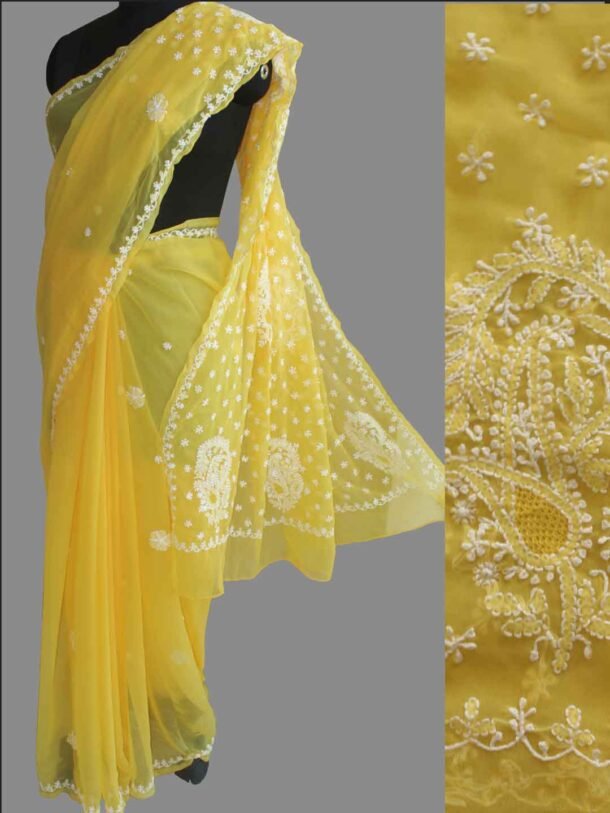 Yellow-and white chikankari-georgette-saree