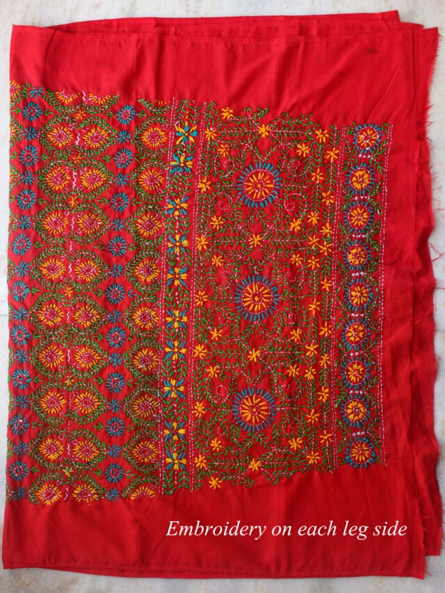 Yellow-blue-and-green-phulkari-on-red-bottom-fabric