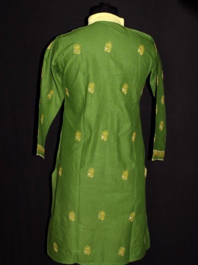 Yellow-chikankari-embroidered-green-cotton-kurta