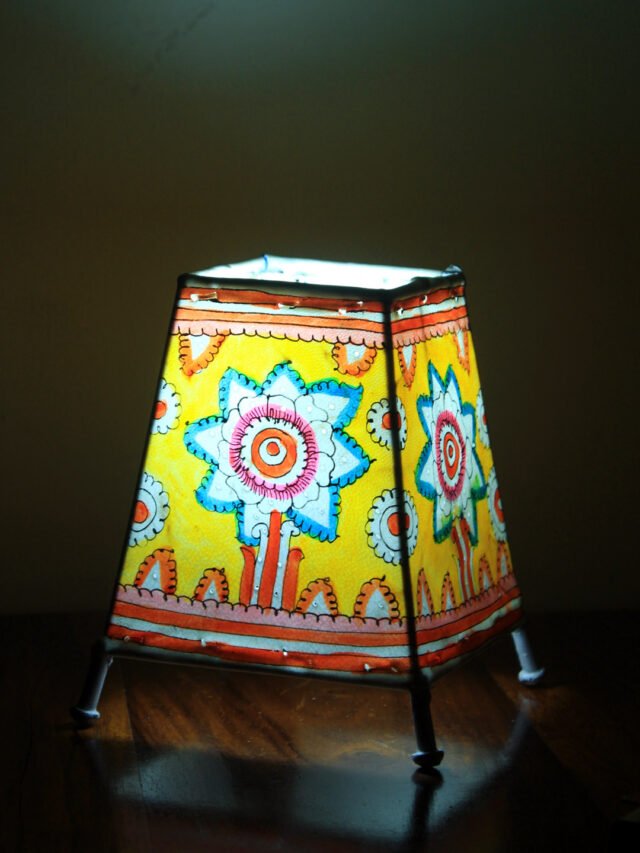 Yellow-trapezoid-small-tholu-bommalata-leather-lamp