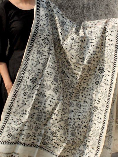 black-warli-kantha-embroidered-tassar-silk-dupatta