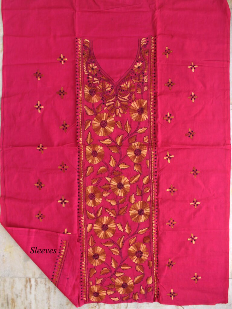 Brown Kanthawork on Fushia-pink cotton Fabric – Shilphaat.com