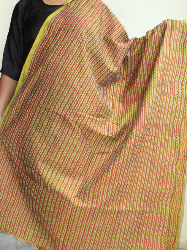 chartreuse-green-block-printed-kanthawork-silk-dupatta