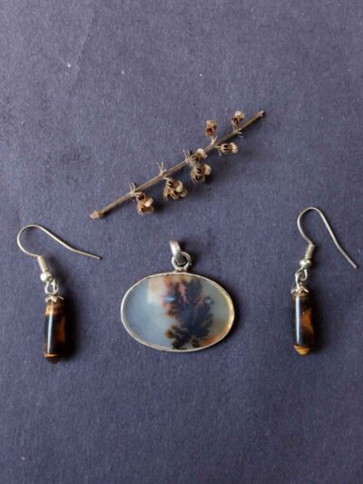 fern-dendritic-agate-silver-pendant-set