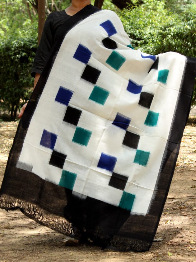 green,-blue,-black-squares-on-ivory-white-ikat-dupatta