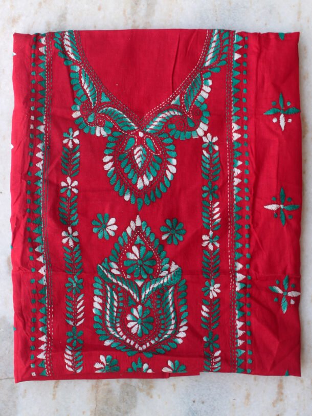 green-kanthawork-on-Dark-red-cotton-kurta-fabric