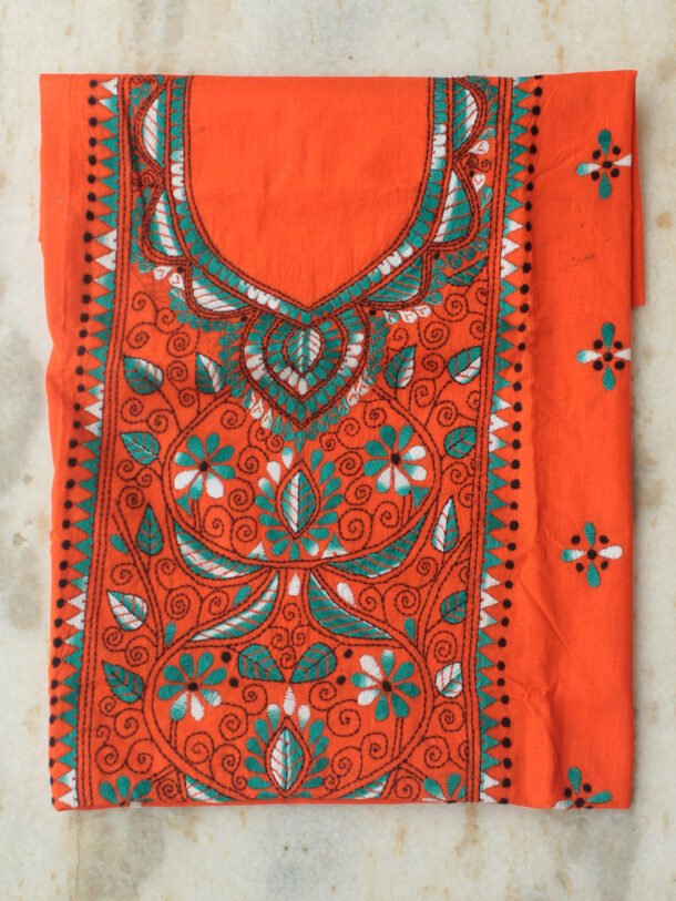 green-kanthawork-on-orange-ladies-kurta-fabric