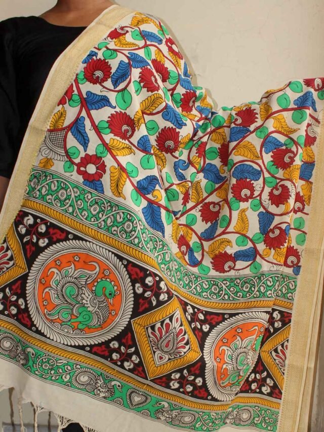 leaves-and-flowers-handpainted-kalamkari-mangalagiri-cotton-dupatta-shilphaat