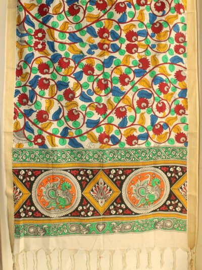 leaves-and-flowers-penwork-kalamkari-zari-border-cotton-dupatta