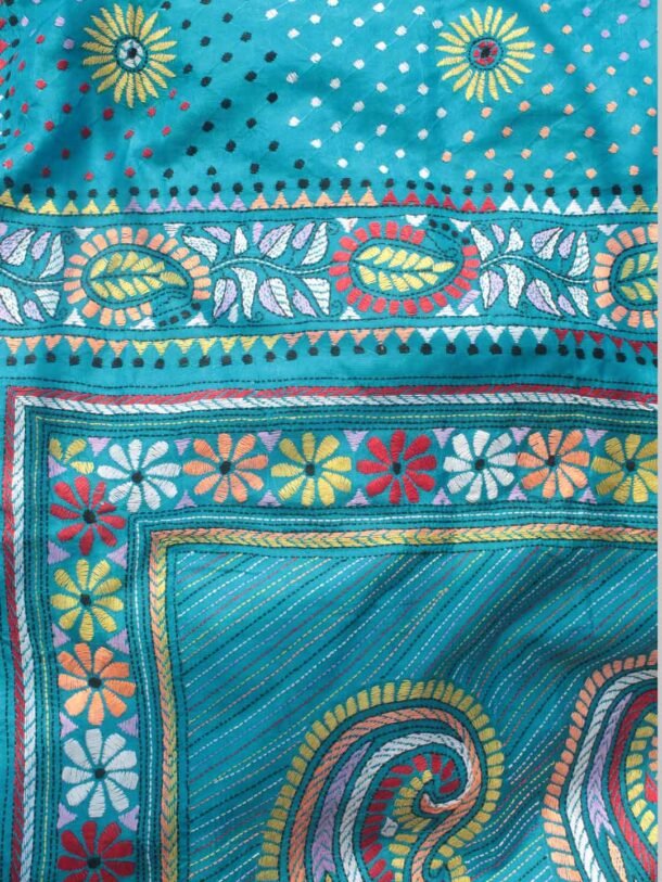 multicolour-kantha-on-cyan-blue--silk-sari