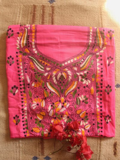 Multicolour Kanthawork on light Pink Cotton Fabric – Shilphaat.com