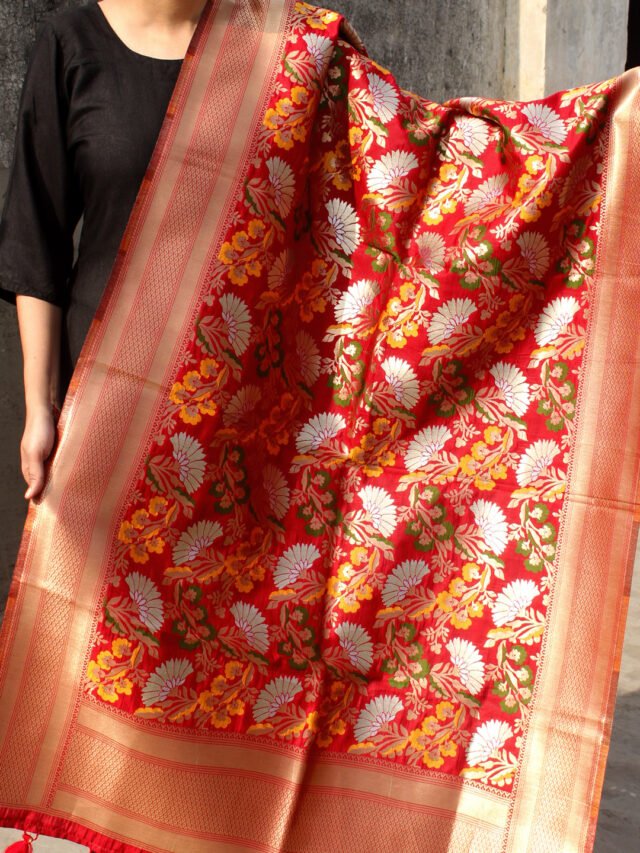 multicolourd-kimkwab-banarasi-on-red-dupatta