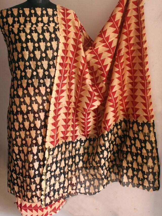 red-and-black-block-printed-chanderi-dress-material-Shilphaat