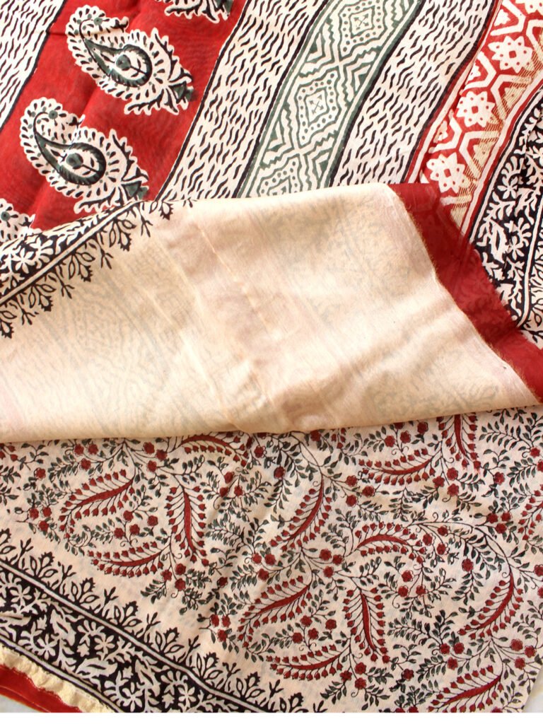 Red and Black Block printed Beige Chanderi Sari – Shilphaat.com