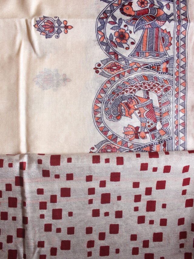 red-madhubani-on-ivory-bhagalpuri-saree-palla