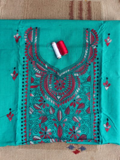 red,-white-kanthawork-on-green-cotton-kurta-fabric