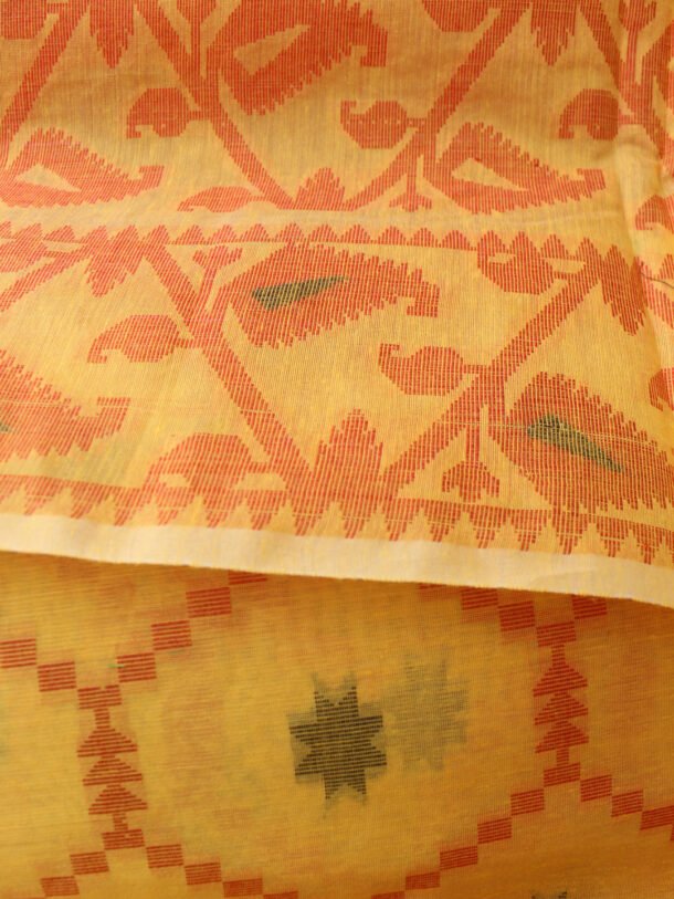 red-yellow-cotton-jamdani-banarasi-sari