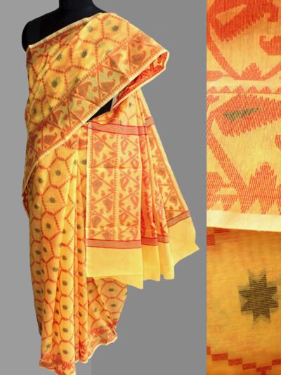 red-yellow-jamdani-weave-polycotton-banarasi-sari