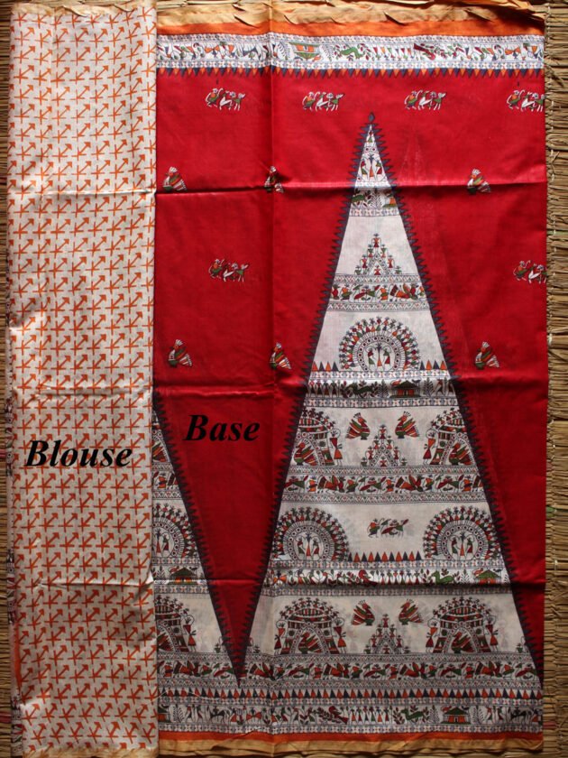 warli-on-red-bhagalpuri-saree-blouse