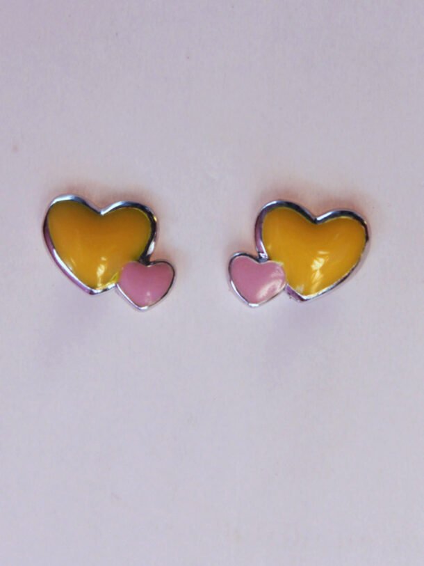 yellow-and-pink-enamelled-heart-shape-silver-earrings