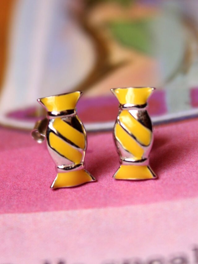 yellow-enamelled-toffee-shape-silver earrings
