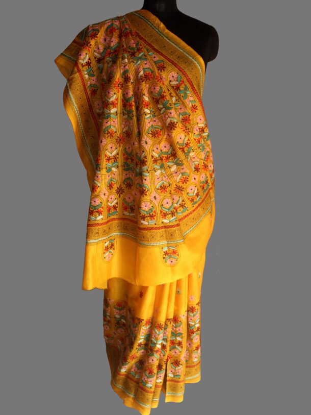 yellow-kanthawork-silk-saree