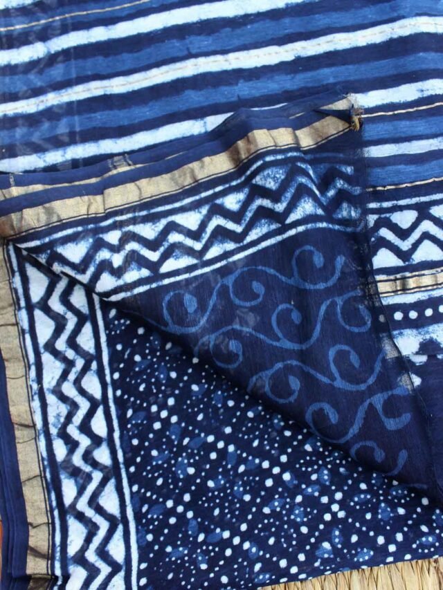 Indigo-and-white-dabu-printed-chanderi-saree