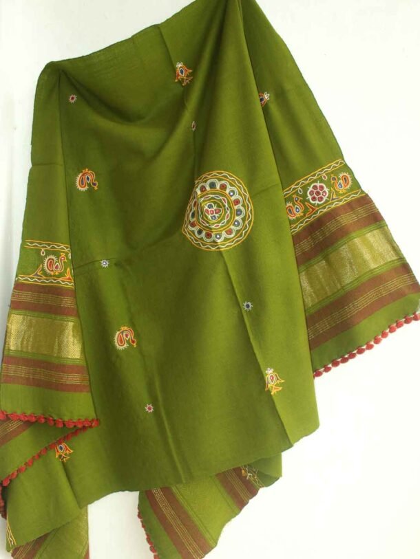 zari-border-Ahir-embroidery-moss-green-woolen-shawl