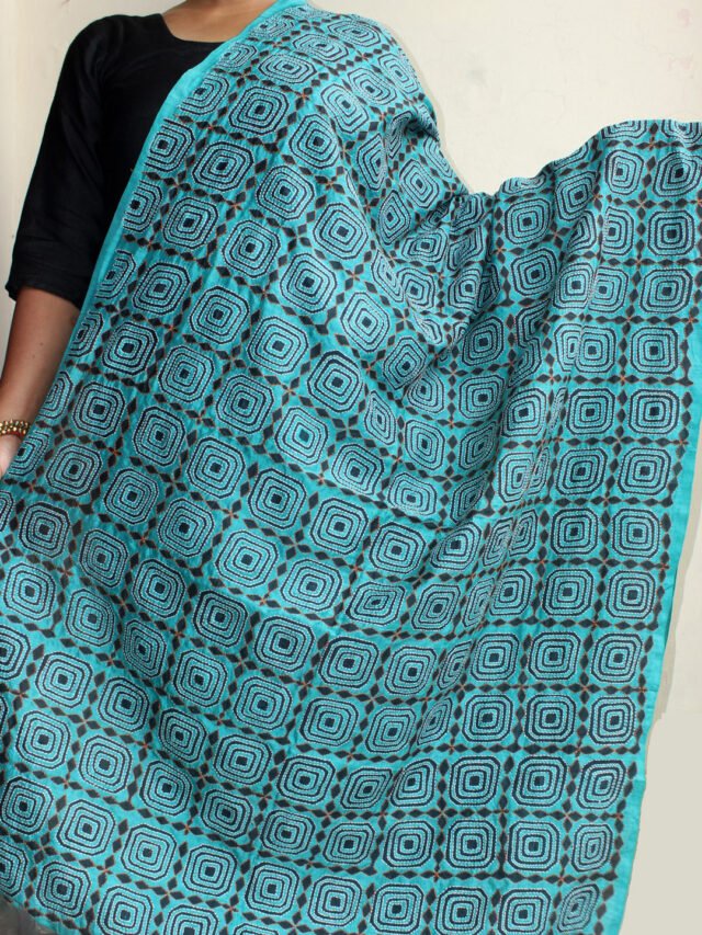 Bluish-green-kanthawork-silk-dupatta