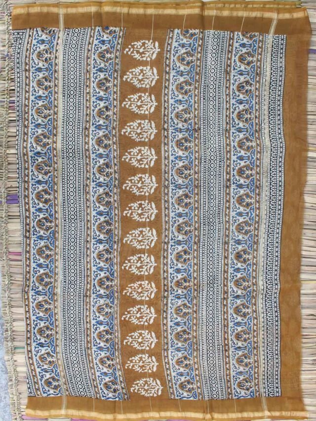 Coffee-brown-block-printed-silk-cotton-sari