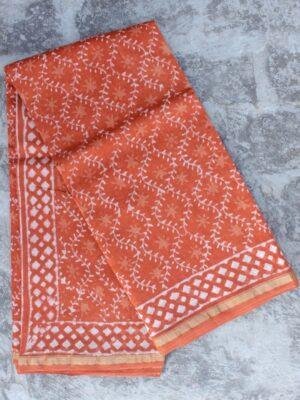 Rust-orange-Block-printed-chanderi-saree at shilphaat.com