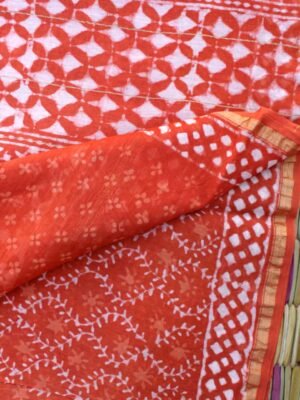 Rust-orange-Block-printed-silk-cotton-saree