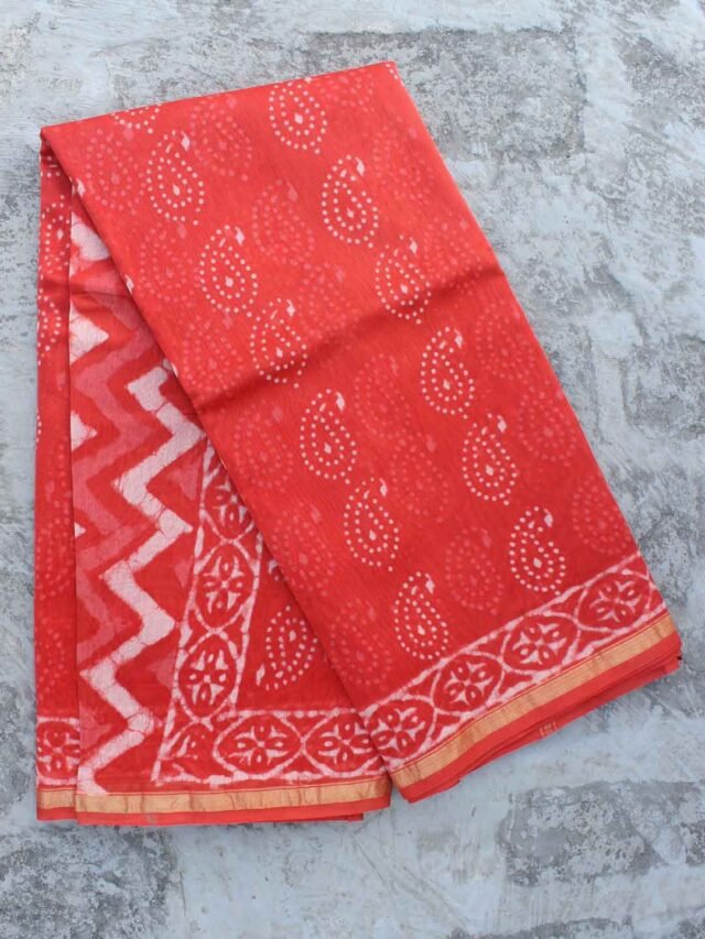 Saffron-red-block-printed-chanderi-saree