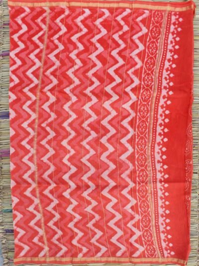 Saffron-red-block-printed-silk-cotton-saree